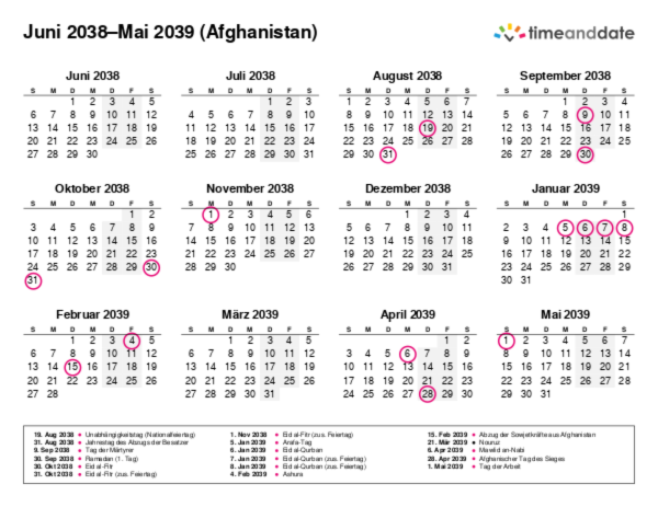 Kalender für 2038 in Afghanistan