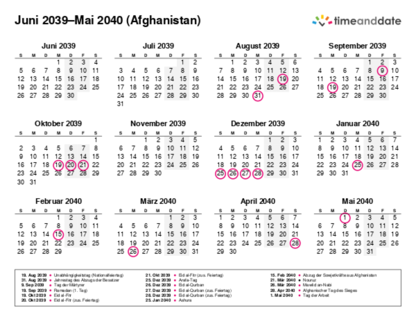 Kalender für 2039 in Afghanistan