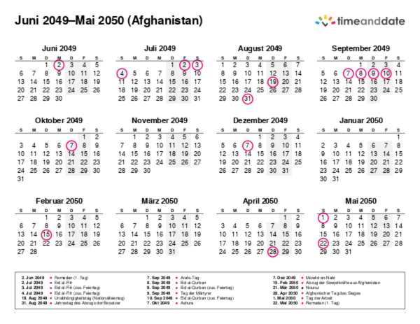 Kalender für 2049 in Afghanistan