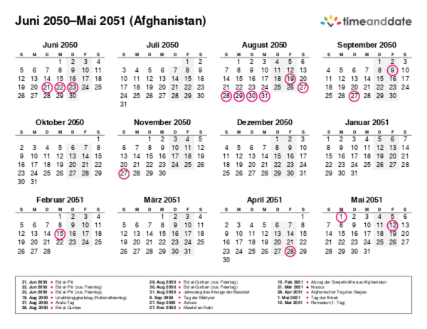 Kalender für 2050 in Afghanistan