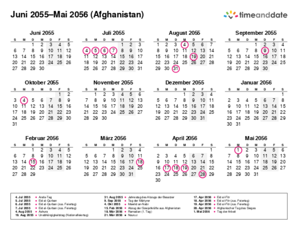 Kalender für 2055 in Afghanistan