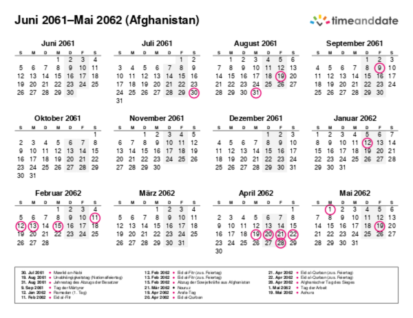 Kalender für 2061 in Afghanistan