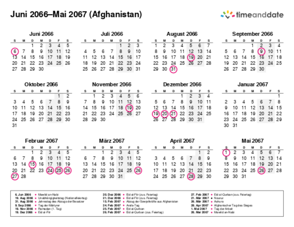 Kalender für 2066 in Afghanistan