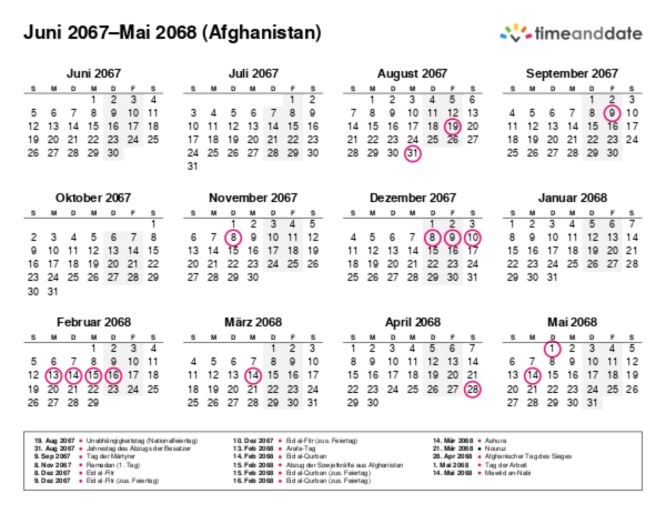 Kalender für 2067 in Afghanistan