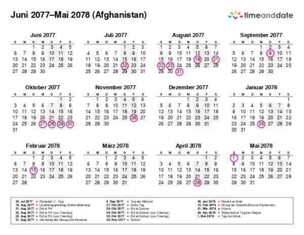 Kalender für 2077 in Afghanistan