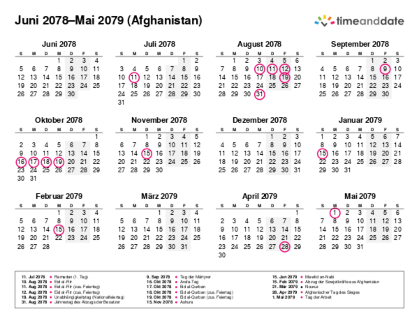 Kalender für 2078 in Afghanistan