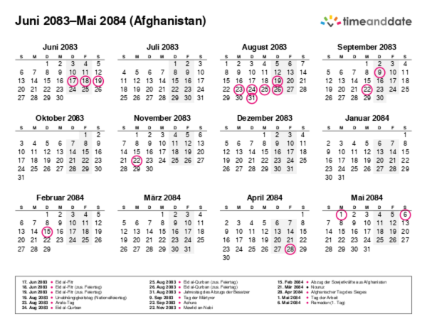 Kalender für 2083 in Afghanistan