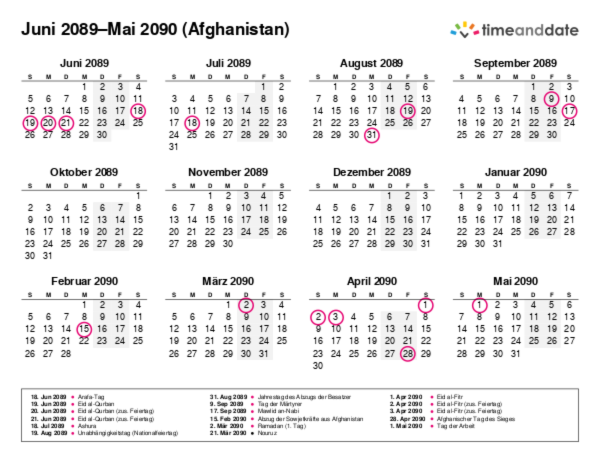 Kalender für 2089 in Afghanistan