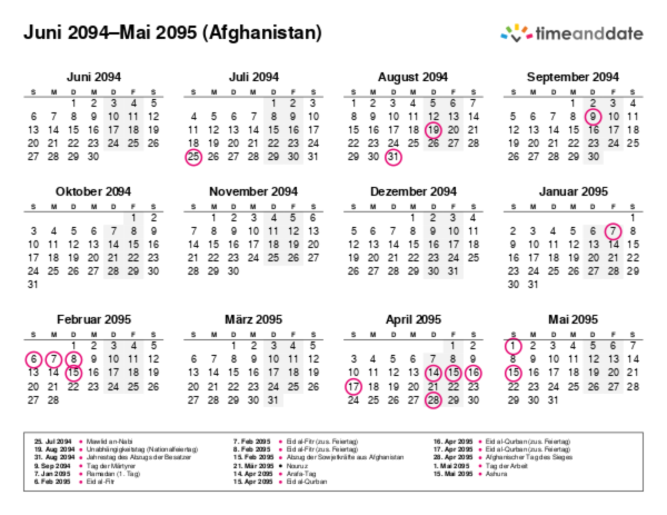 Kalender für 2094 in Afghanistan