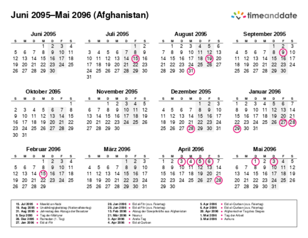 Kalender für 2095 in Afghanistan