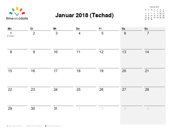 Kalender für 2018 in Tschad