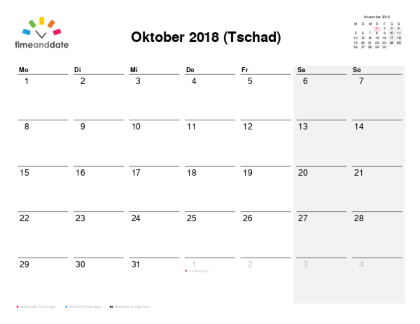 Kalender für 2018 in Tschad