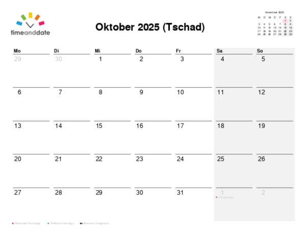 Kalender für 2025 in Tschad