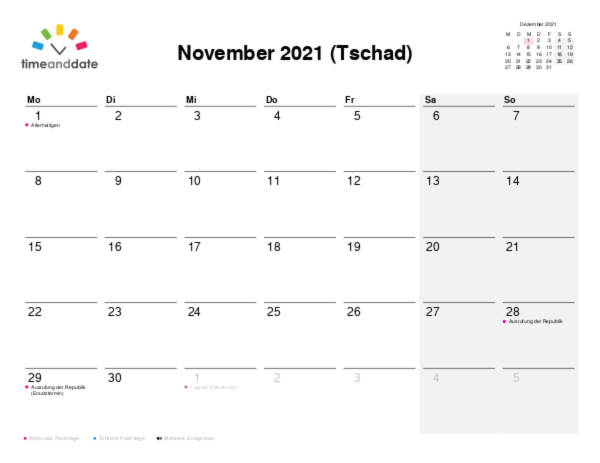 Kalender für 2021 in Tschad