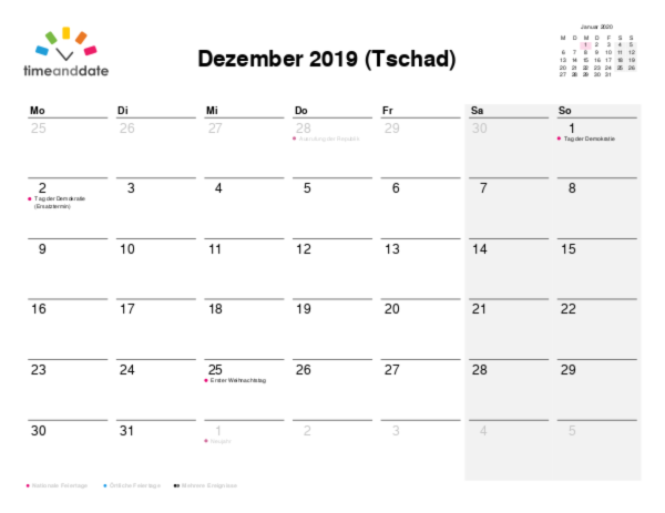 Kalender für 2019 in Tschad