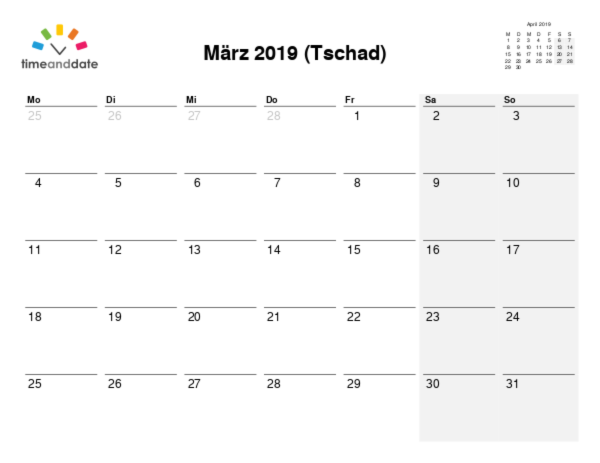 Kalender für 2019 in Tschad