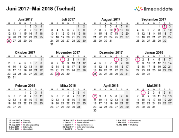 Kalender für 2017 in Tschad