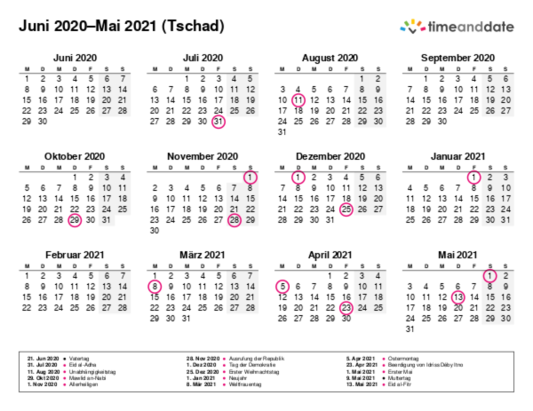 Kalender für 2020 in Tschad