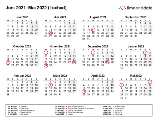 Kalender für 2021 in Tschad