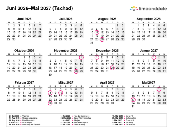 Kalender für 2026 in Tschad