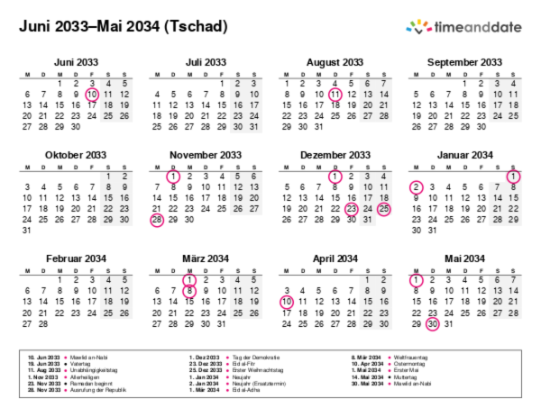 Kalender für 2033 in Tschad