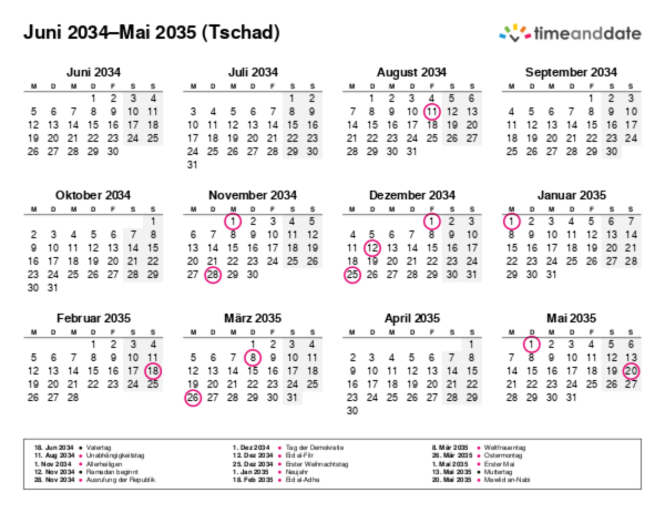 Kalender für 2034 in Tschad