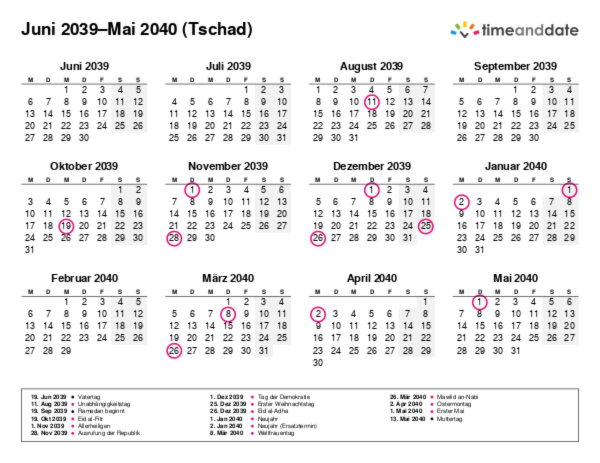 Kalender für 2039 in Tschad