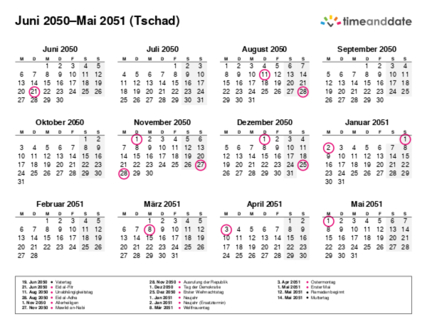 Kalender für 2050 in Tschad