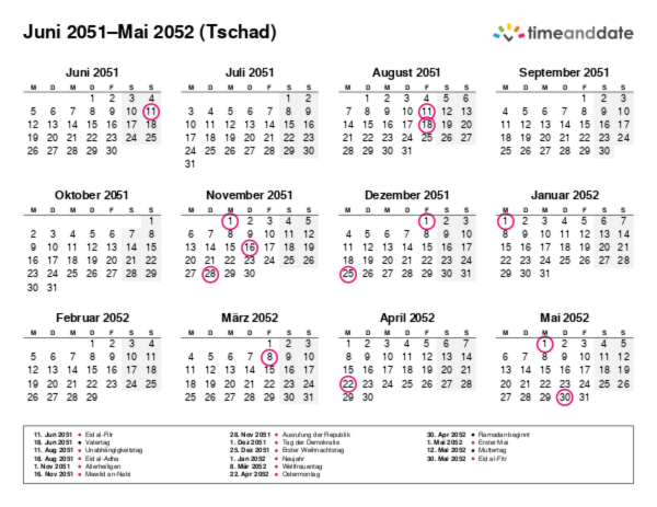 Kalender für 2051 in Tschad