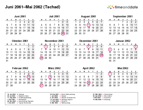 Kalender für 2061 in Tschad