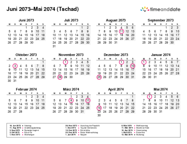 Kalender für 2073 in Tschad