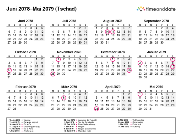 Kalender für 2078 in Tschad
