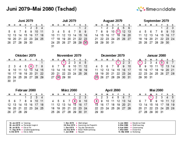 Kalender für 2079 in Tschad
