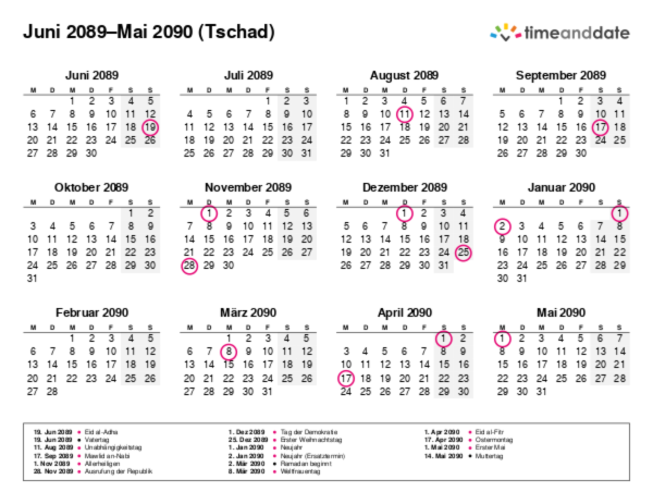Kalender für 2089 in Tschad