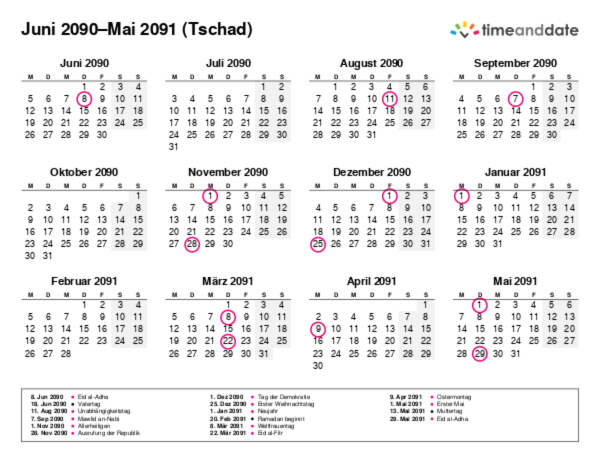 Kalender für 2090 in Tschad