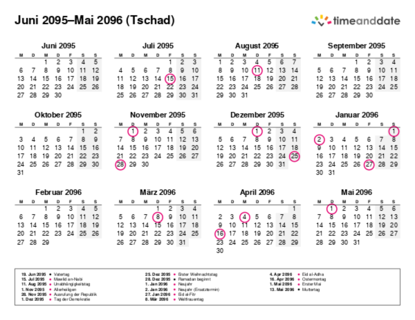 Kalender für 2095 in Tschad