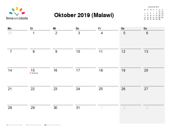 Kalender für 2019 in Malawi