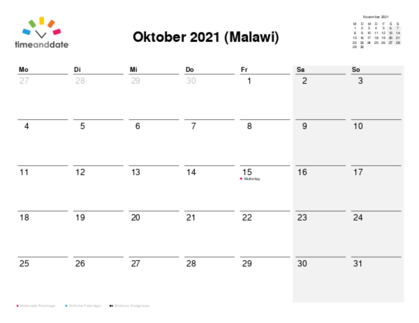 Kalender für 2021 in Malawi