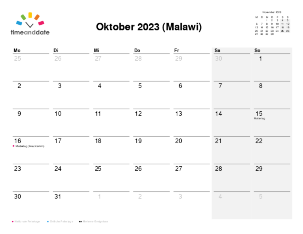 Kalender für 2023 in Malawi
