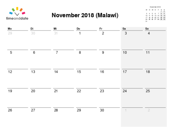 Kalender für 2018 in Malawi