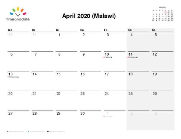 Kalender für 2020 in Malawi