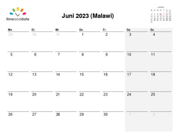 Kalender für 2023 in Malawi