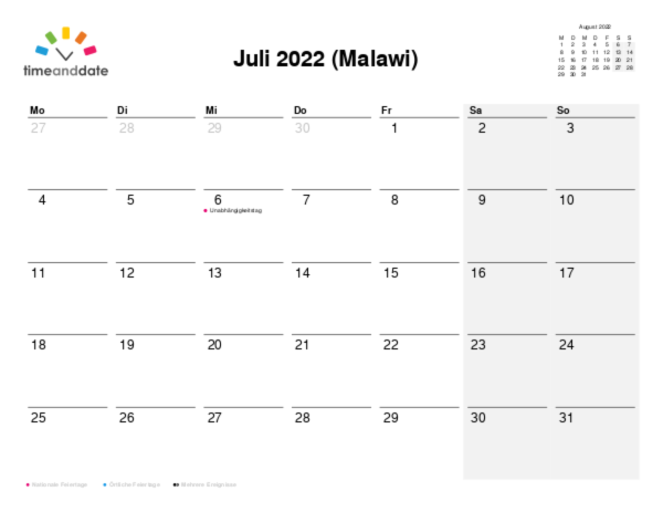 Kalender für 2022 in Malawi