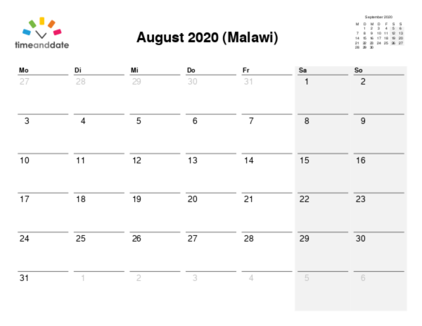 Kalender für 2020 in Malawi