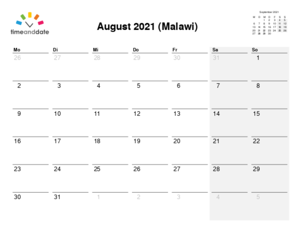 Kalender für 2021 in Malawi