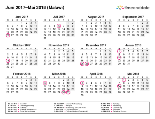 Kalender für 2017 in Malawi