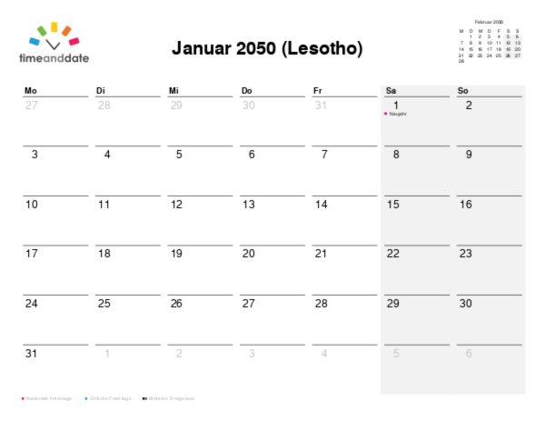 Kalender für 2050 in Lesotho