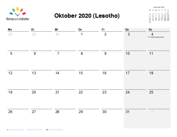 Kalender für 2020 in Lesotho