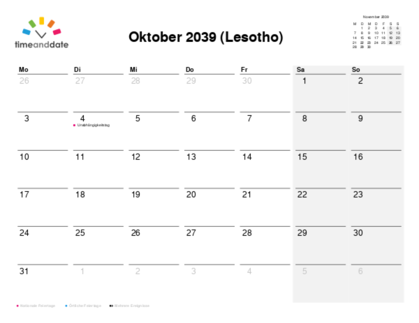 Kalender für 2039 in Lesotho