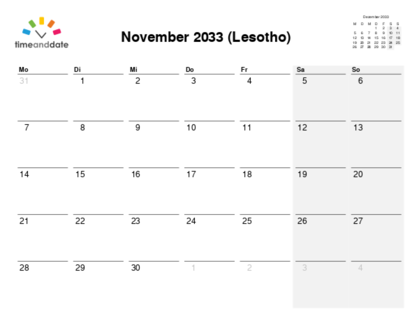 Kalender für 2033 in Lesotho